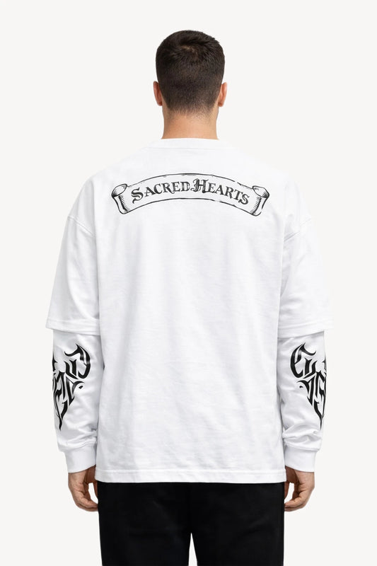 Sacred Hearts Grafik Detaylı Beyaz Erkek Uzun Kollu T-Shirt