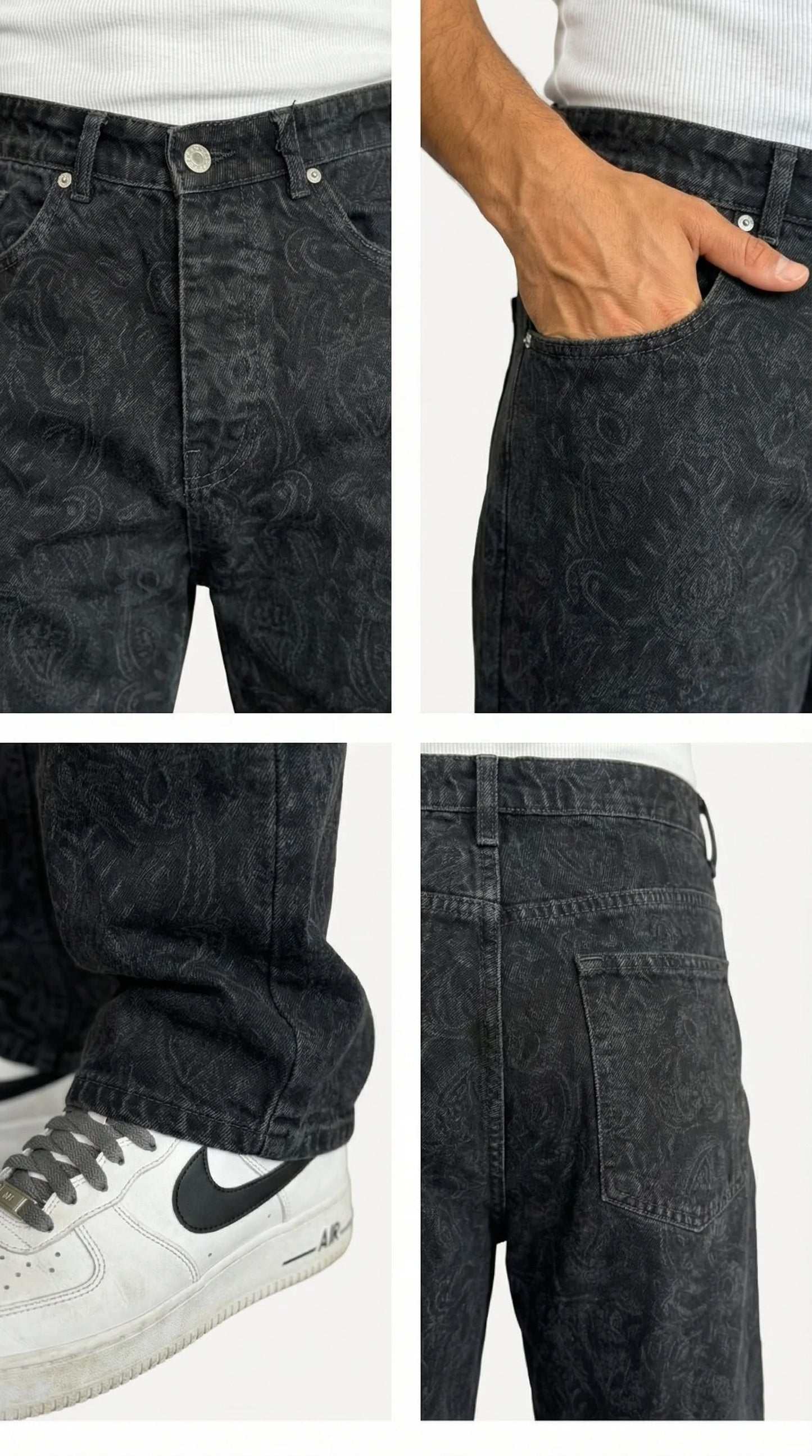 Siyah Damask Desenli Baggy Erkek Kot Pantolon