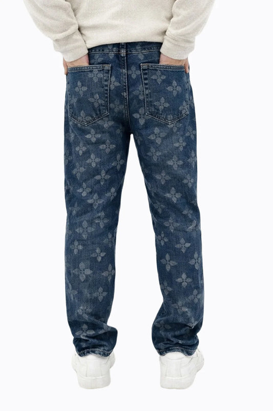 Mavi Damask Desenli Baggy Erkek Kot Pantolon