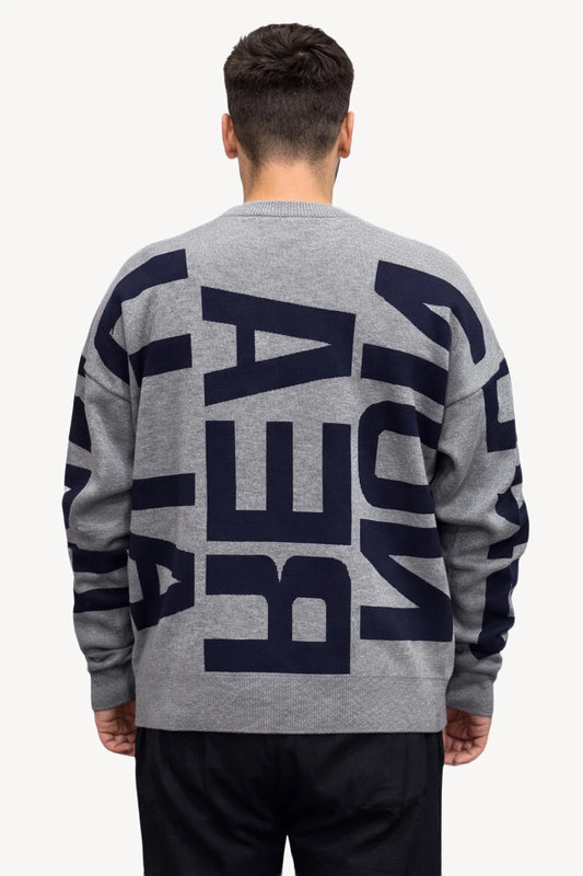 Bold Typographic Desenli Bisiklet Yaka Erkek Triko Kazak