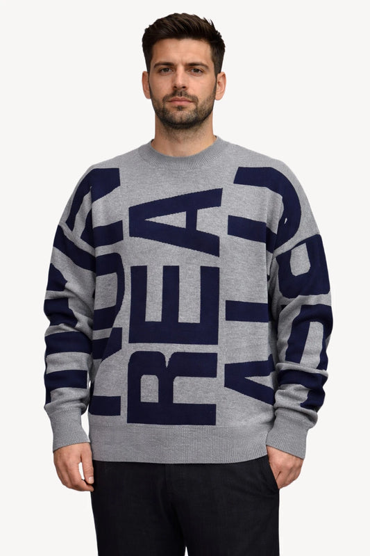 Bold Typographic Desenli Bisiklet Yaka Erkek Triko Kazak