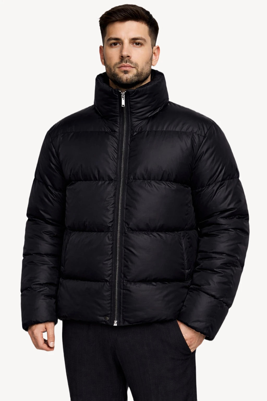 Siyah Dik Yaka Kapitone Erkek Şişme Mont