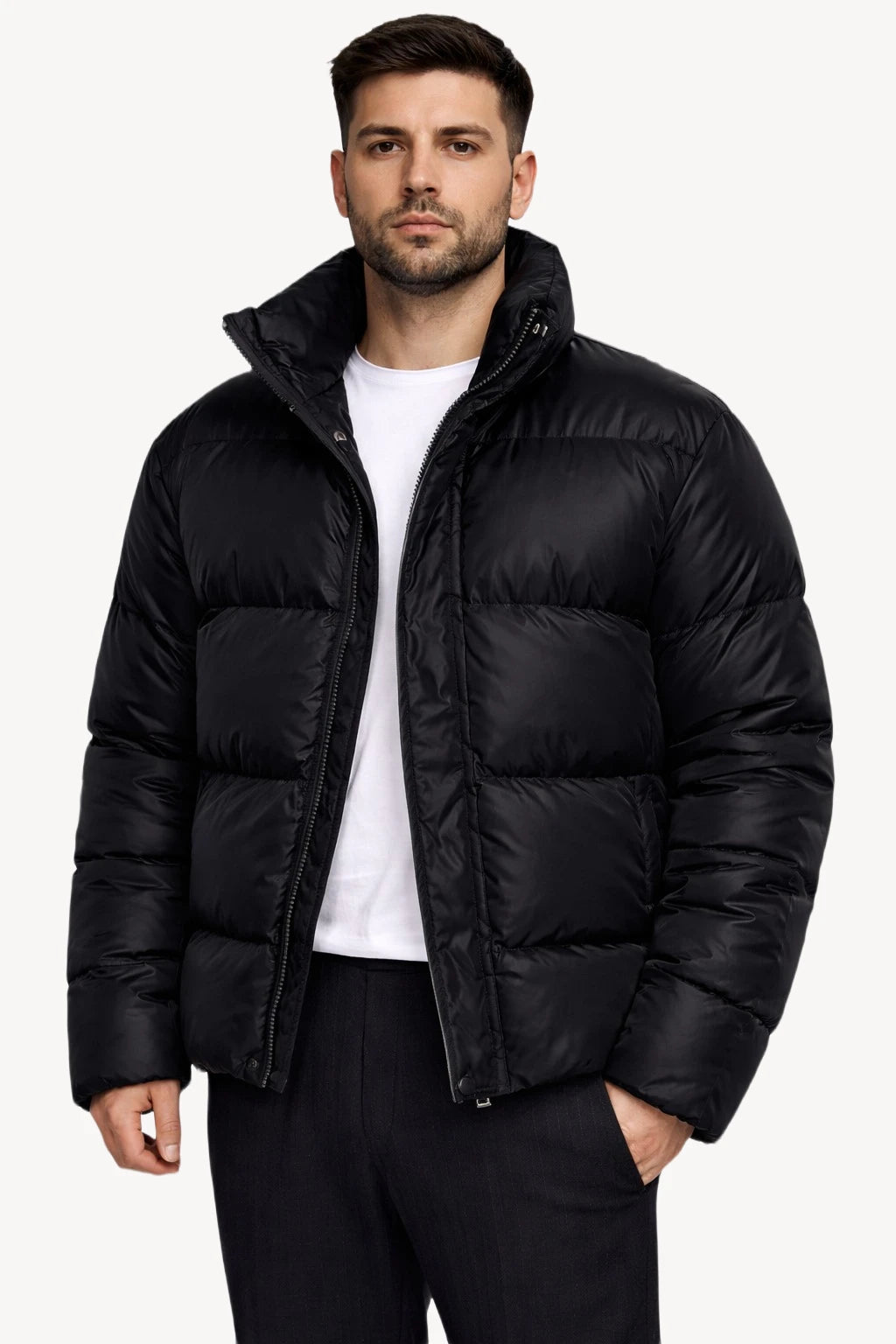 Siyah Dik Yaka Kapitone Erkek Şişme Mont