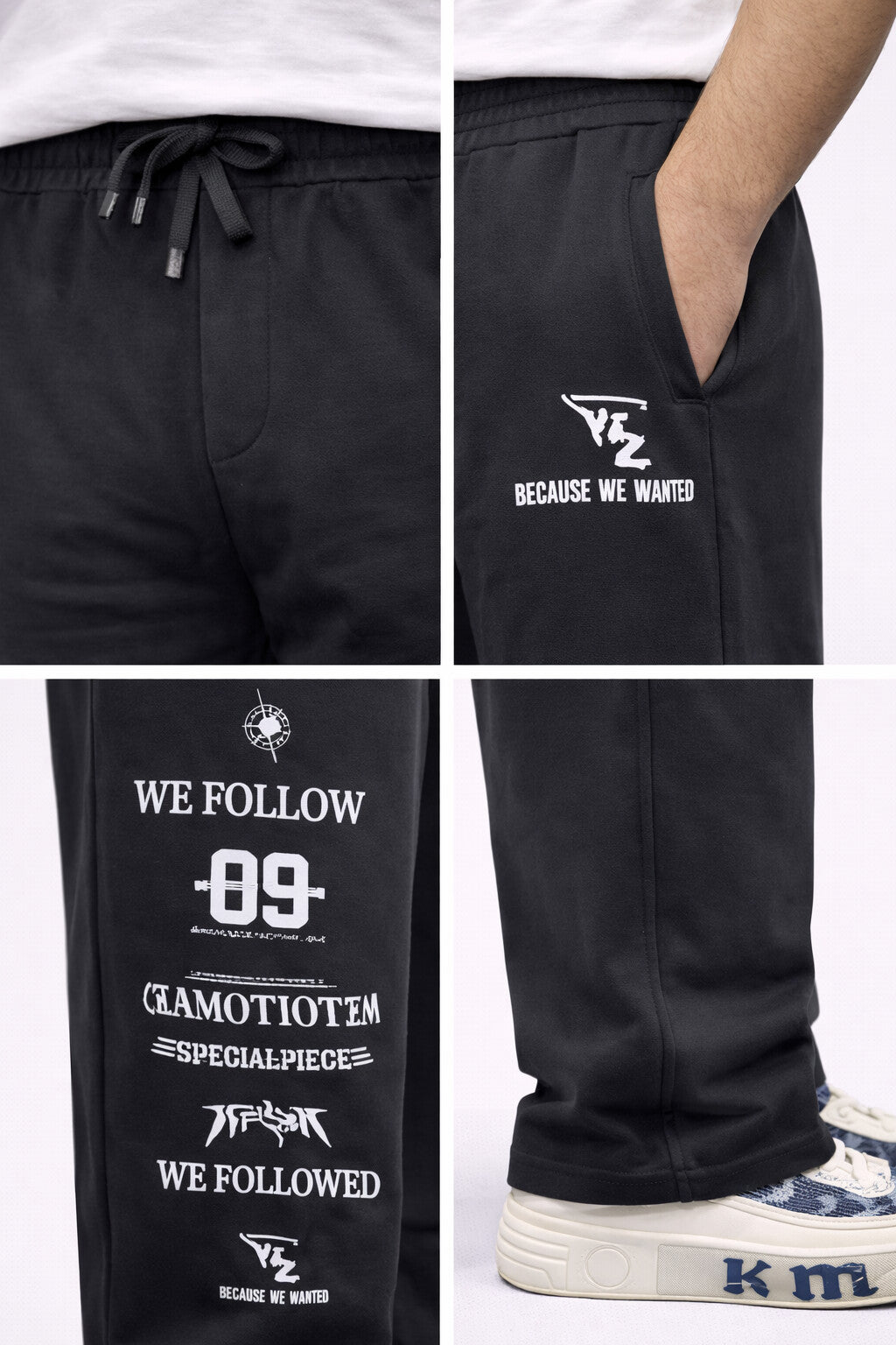 Eskitme Detaylı Baskılı Bol Kesim Erkek Eşofman Altı (Siyah)