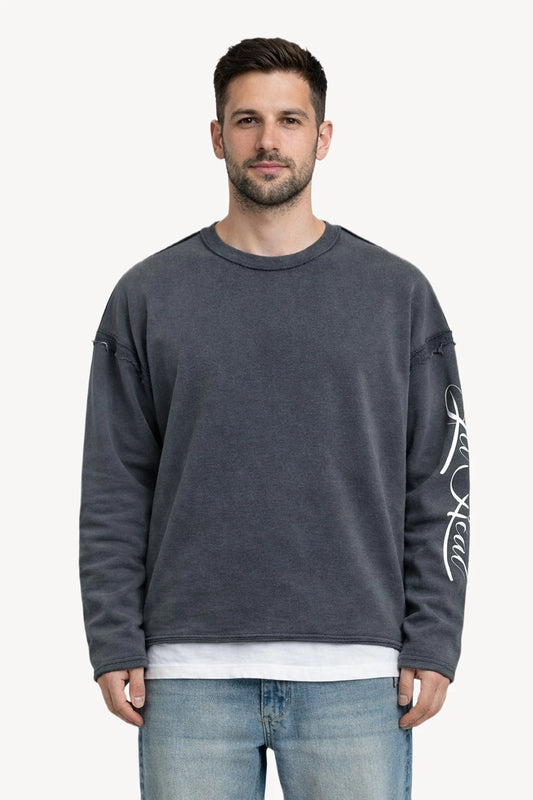 Raw Seam Script Detaylı Koyu Gri Erkek Sweatshirt