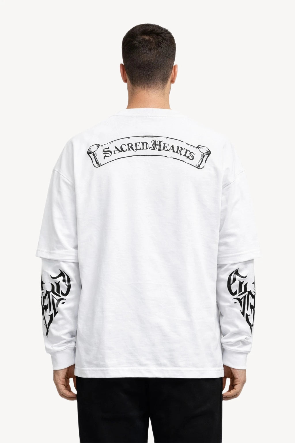 Sacred Hearts Grafik Detaylı Beyaz Erkek Uzun Kollu T-Shirt