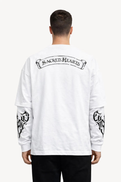 Sacred Hearts Grafik Detaylı Beyaz Erkek Uzun Kollu T-Shirt