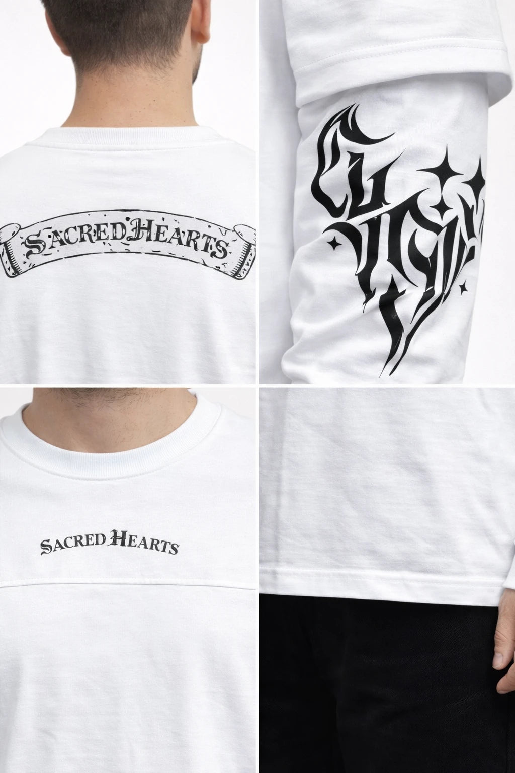 Sacred Hearts Grafik Detaylı Beyaz Erkek Uzun Kollu T-Shirt