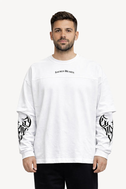 Sacred Hearts Grafik Detaylı Beyaz Erkek Uzun Kollu T-Shirt