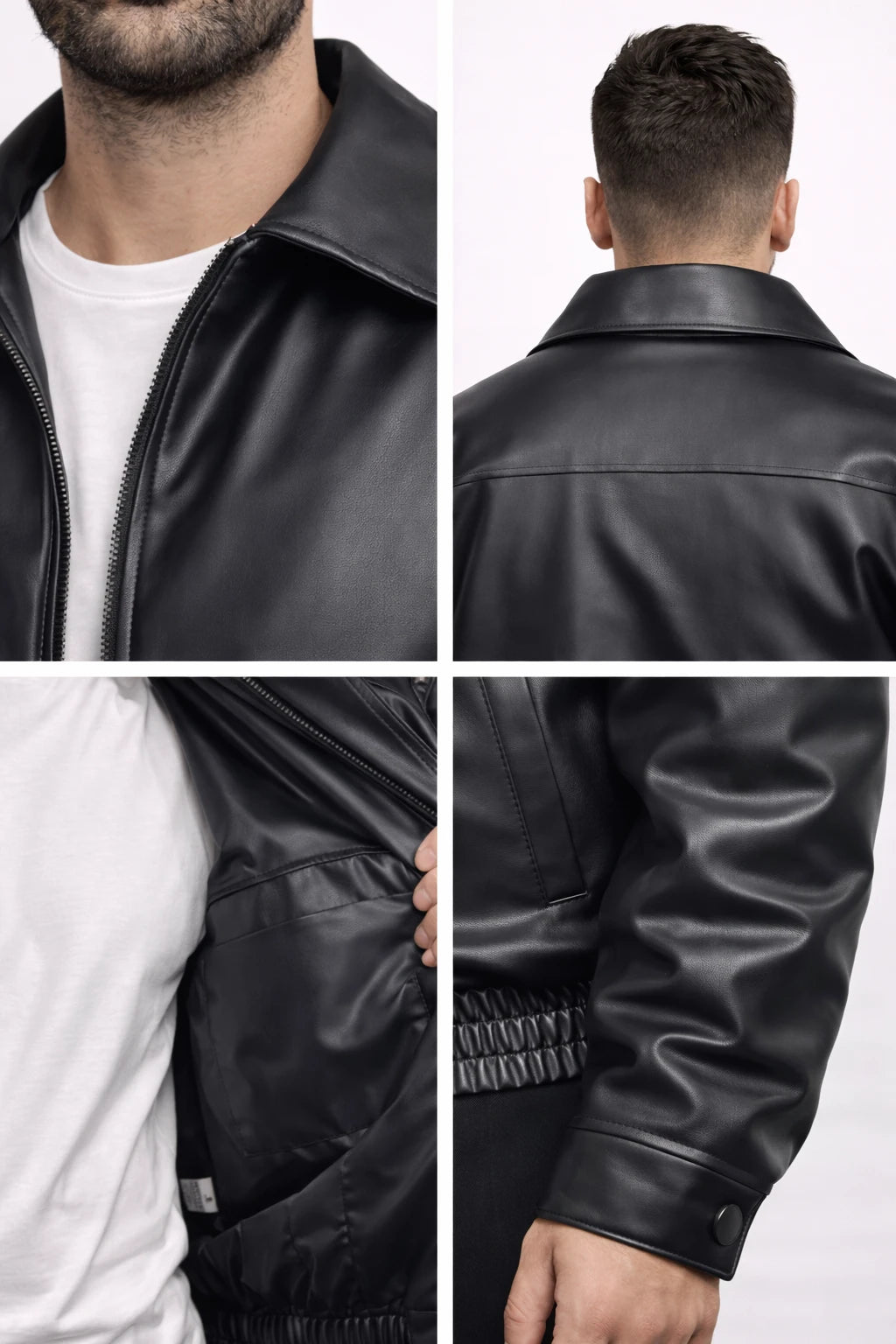 Siyah Suni Deri Erkek Ceket – Rib Lastikli Modern Kesim