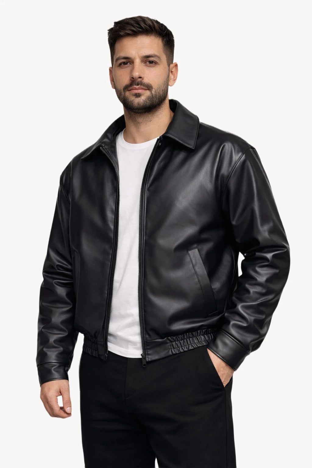 Siyah Suni Deri Erkek Ceket – Rib Lastikli Modern Kesim