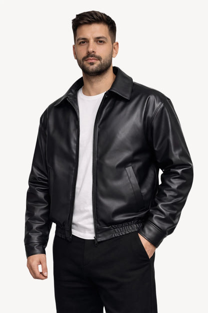 Siyah Suni Deri Erkek Ceket – Rib Lastikli Modern Kesim