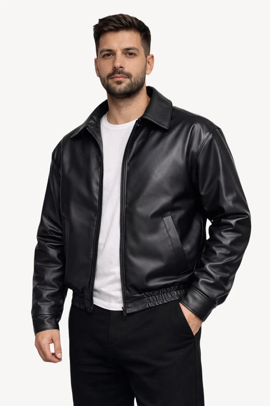 Siyah Suni Deri Erkek Ceket – Rib Lastikli Modern Kesim