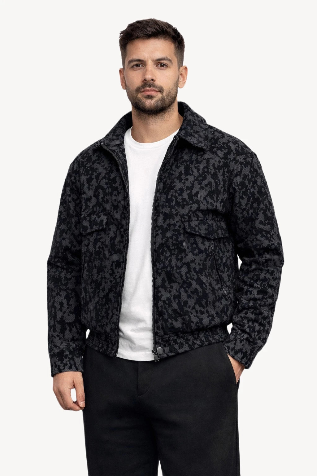 Desenli Siyah Erkek Bomber Mont