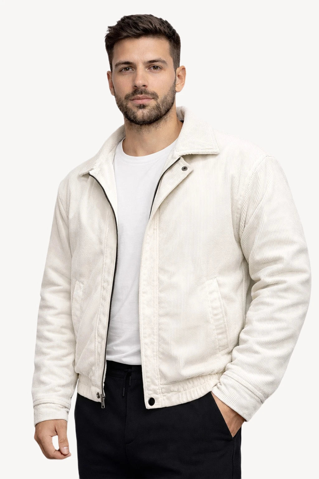 Fitilli Kadife Beyaz Erkek Mont
