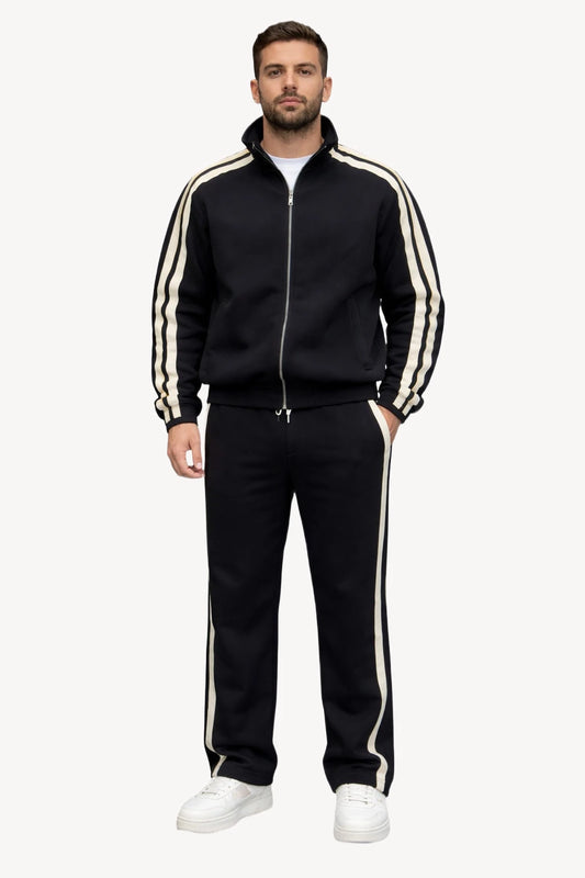 Çift Şerit Detaylı Siyah Erkek Eşofman Takımı