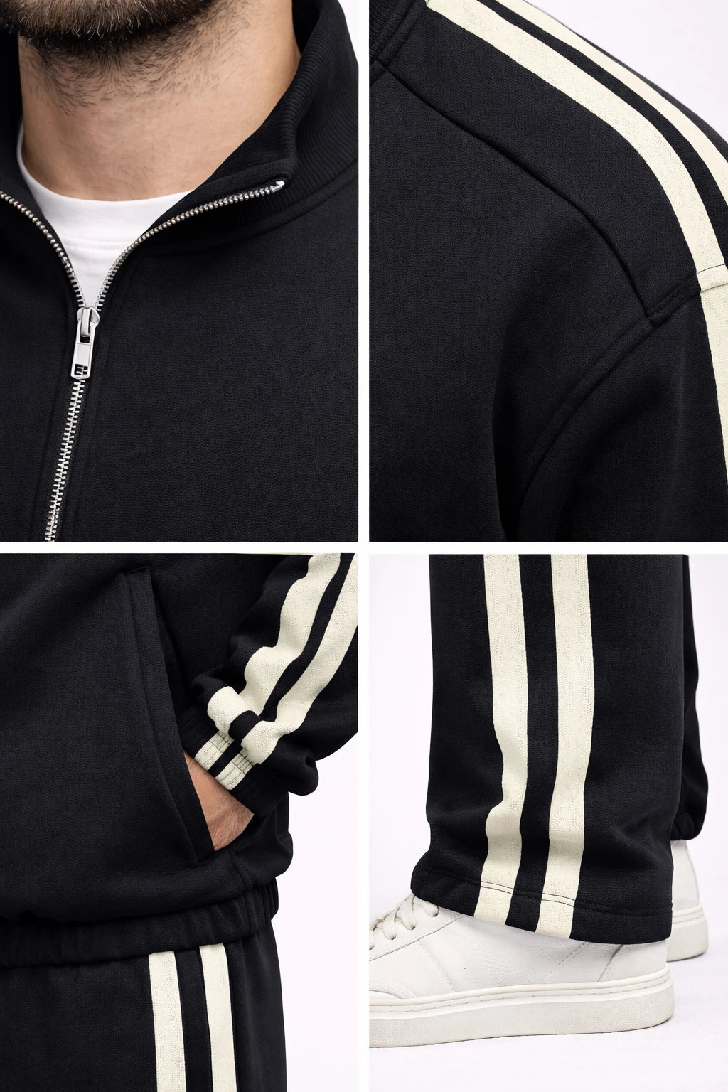 Çift Şerit Detaylı Siyah Erkek Eşofman Takımı