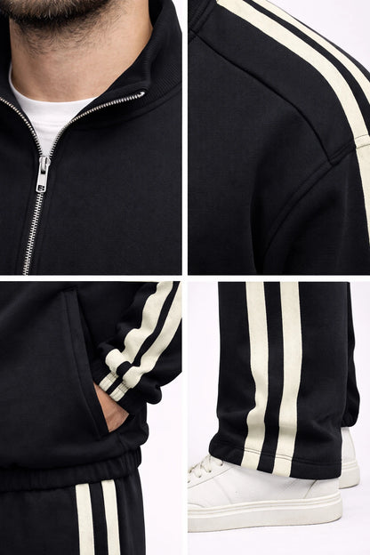 Çift Şerit Detaylı Siyah Erkek Eşofman Takımı