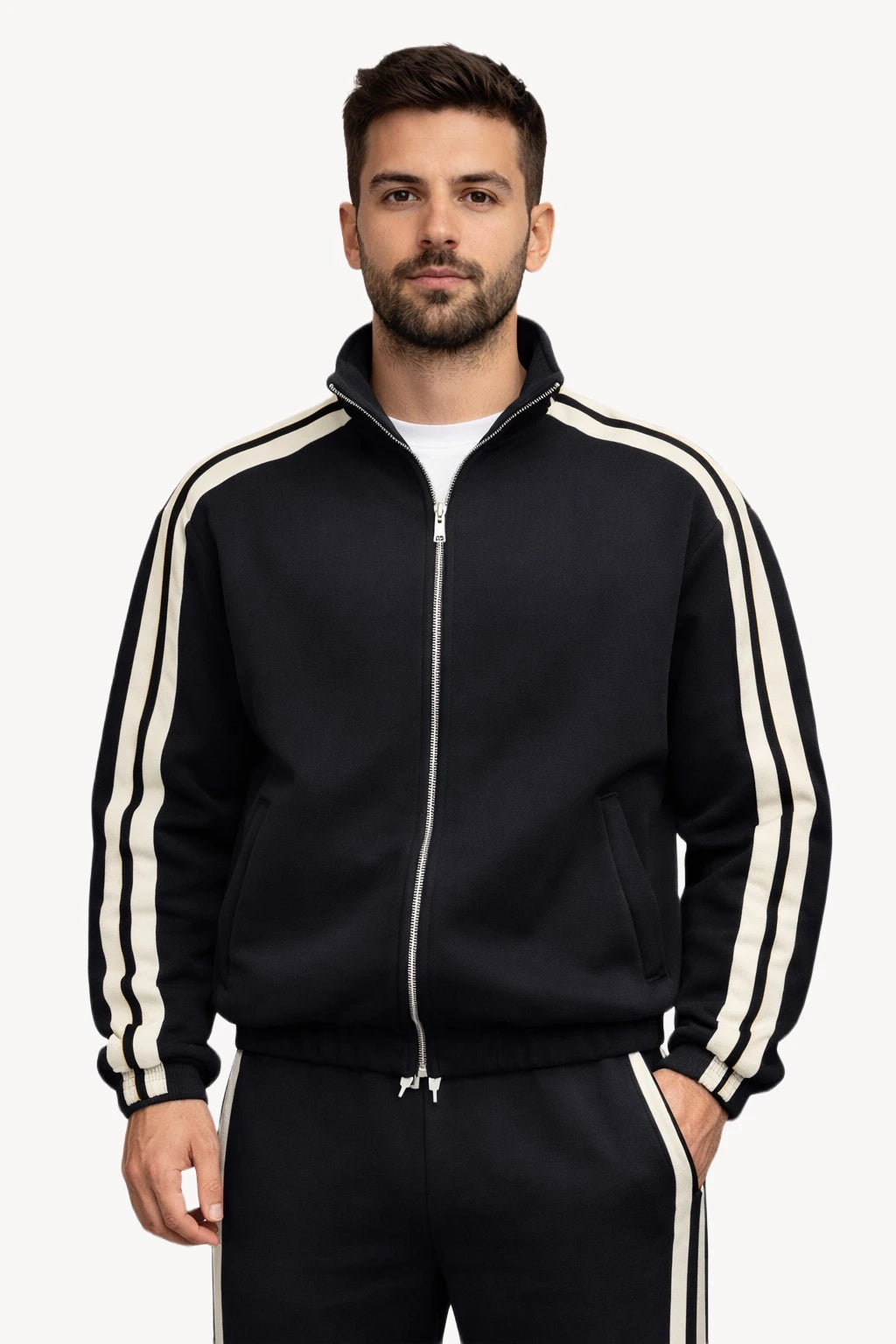 Çift Şerit Detaylı Siyah Erkek Eşofman Takımı