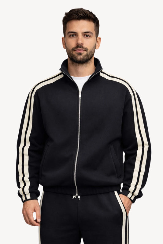 Çift Şerit Detaylı Siyah Erkek Eşofman Takımı