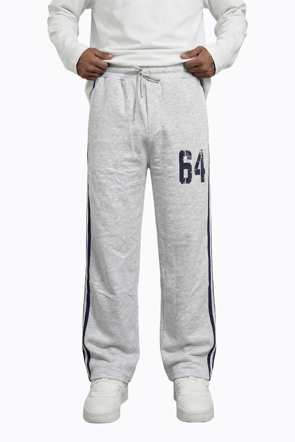 Yan Şeritli Baskılı Bol Kesim Erkek Eşofman Altı Beyaz