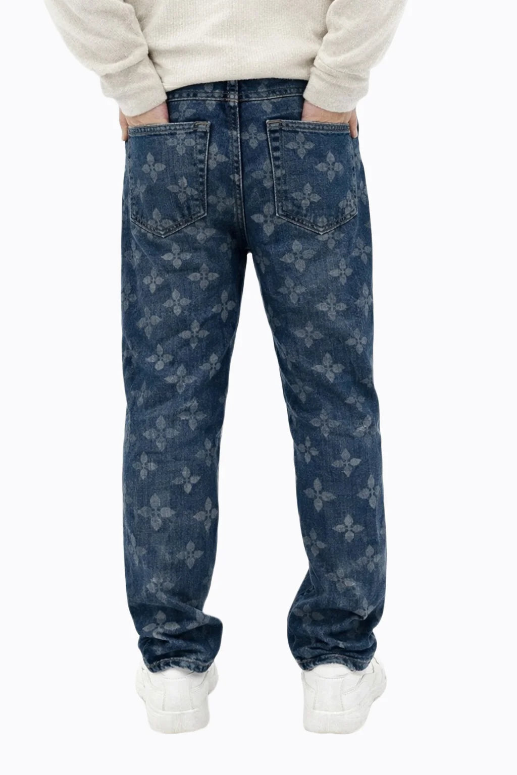 Mavi Damask Desenli Baggy Erkek Kot Pantolon