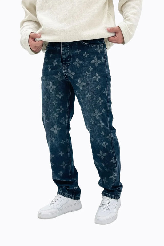 Mavi Damask Desenli Baggy Erkek Kot Pantolon