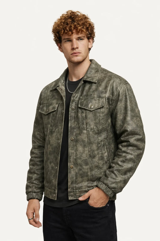 Eskitme Yıkamalı Gri Erkek Bomber Deri Ceket