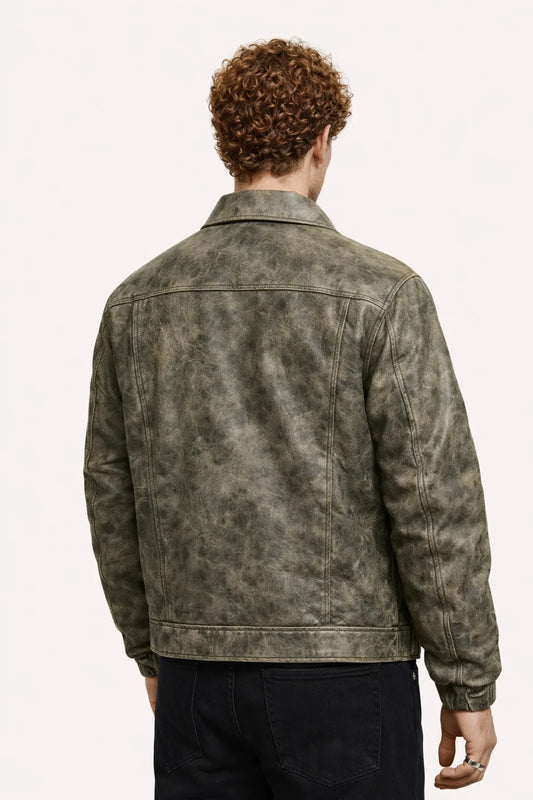 Eskitme Yıkamalı Gri Erkek Bomber Deri Ceket