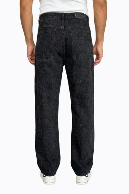 Siyah Damask Desenli Baggy Erkek Kot Pantolon