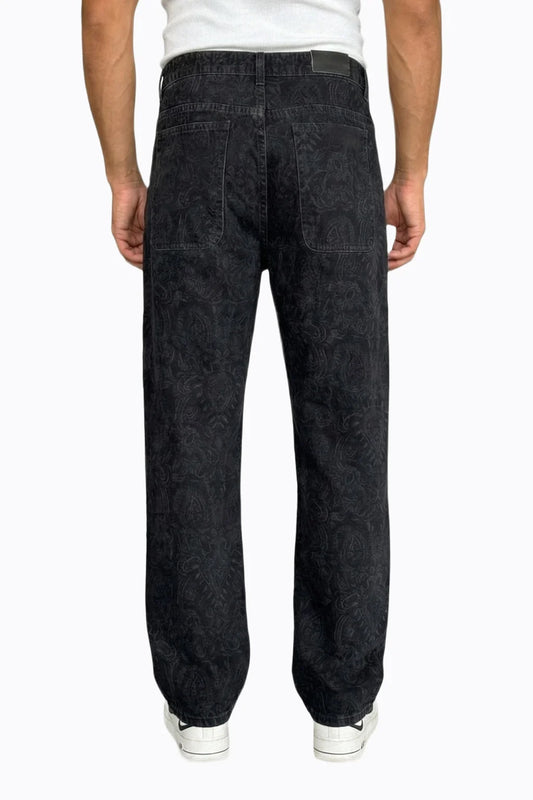 Siyah Damask Desenli Baggy Erkek Kot Pantolon
