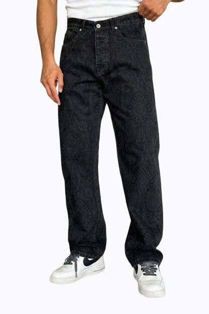 Siyah Damask Desenli Baggy Erkek Kot Pantolon